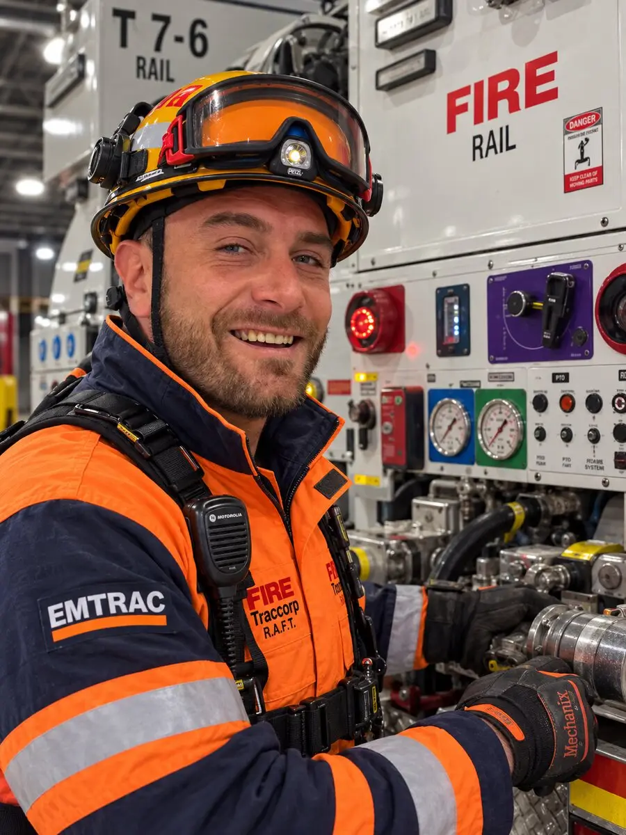 Berenger Stevens in helmet and turnout gear at the pump panel of the T7-6 rail tanker.
