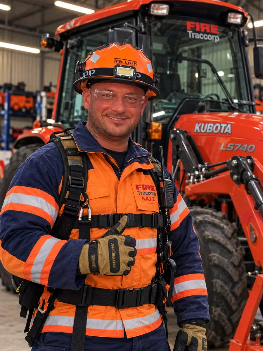 Brendan Mullholland in helmet and turnout gear in front of a Kubota tractor.