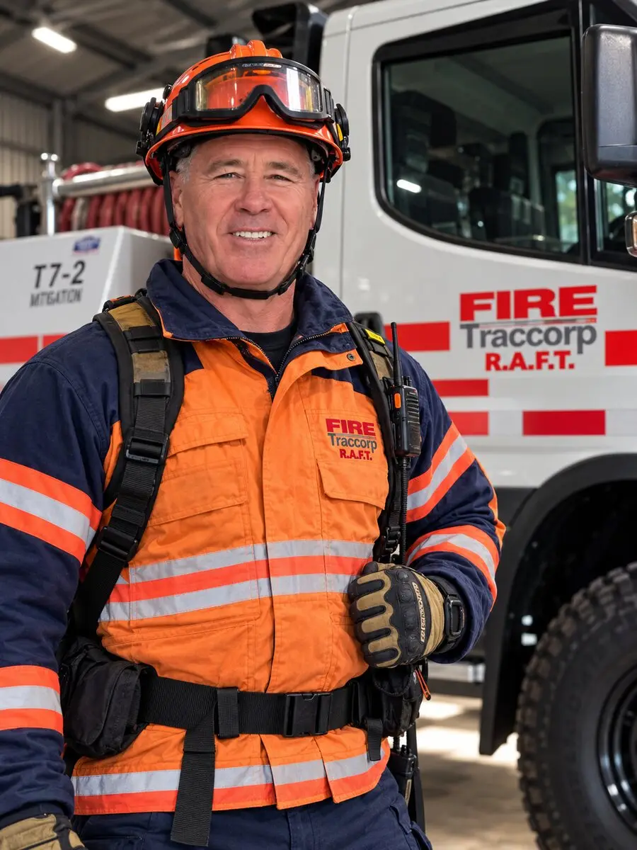 Brett Stevens in helmet and turnout gear in front of the T7-2 R.A.F.T. tanker.