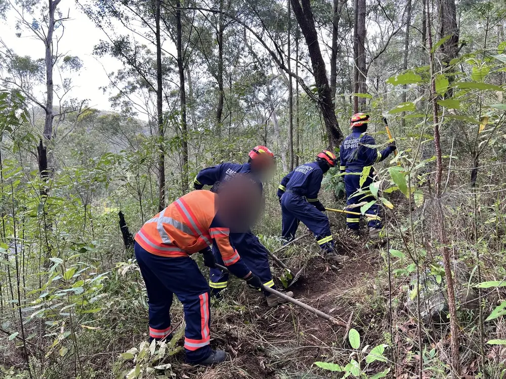 Crew in turnout gear cutting a control line by hand with rakehoes through bushland.