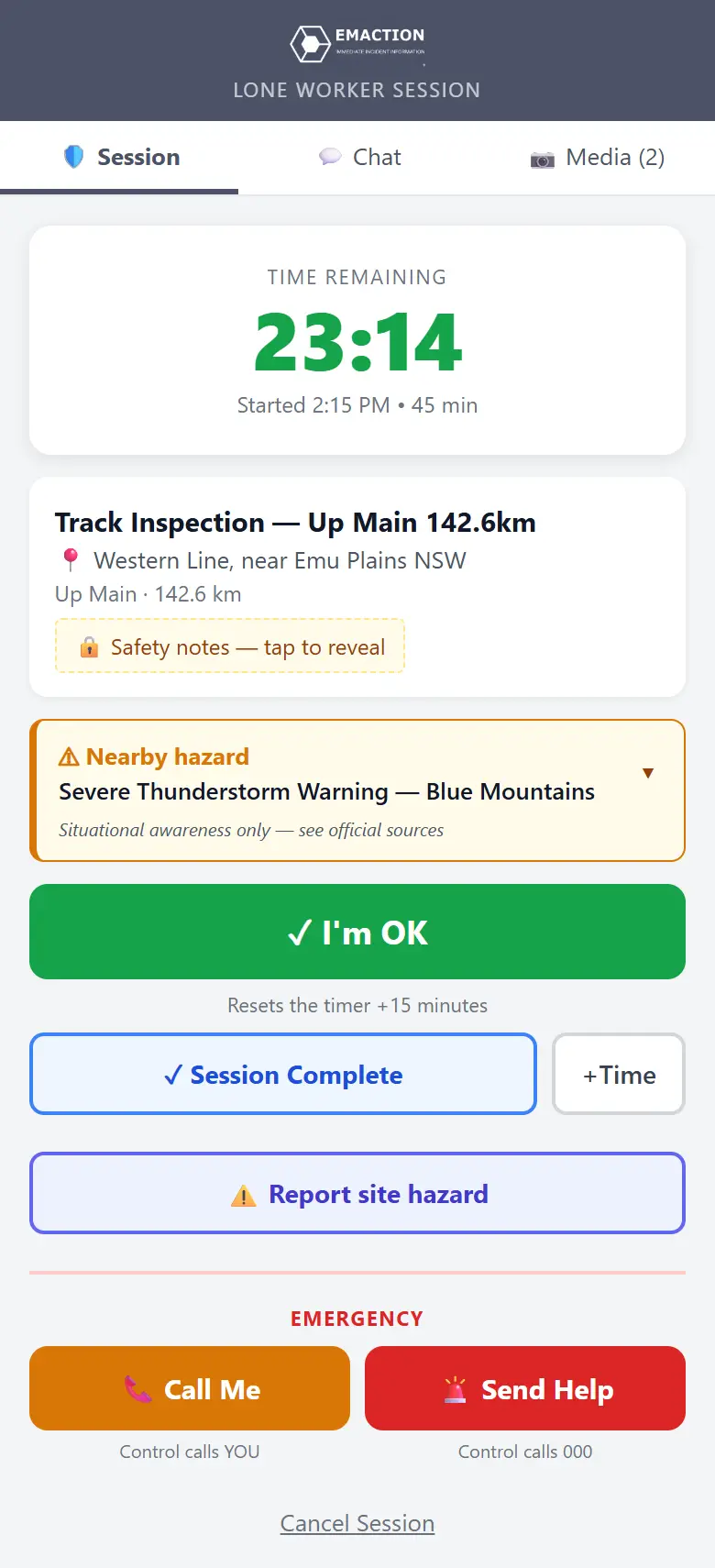 An EMAction lone-worker session on a phone: time remaining on the check-in timer, a nearby hazard warning, and I'm OK, Call Me and Send Help buttons.