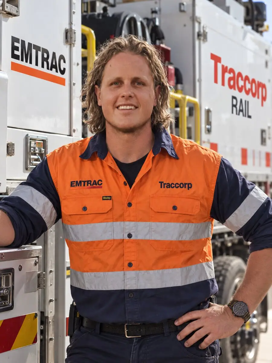 Jake Stevens in a hi-vis shirt leaning on the side of a Traccorp rail tanker.