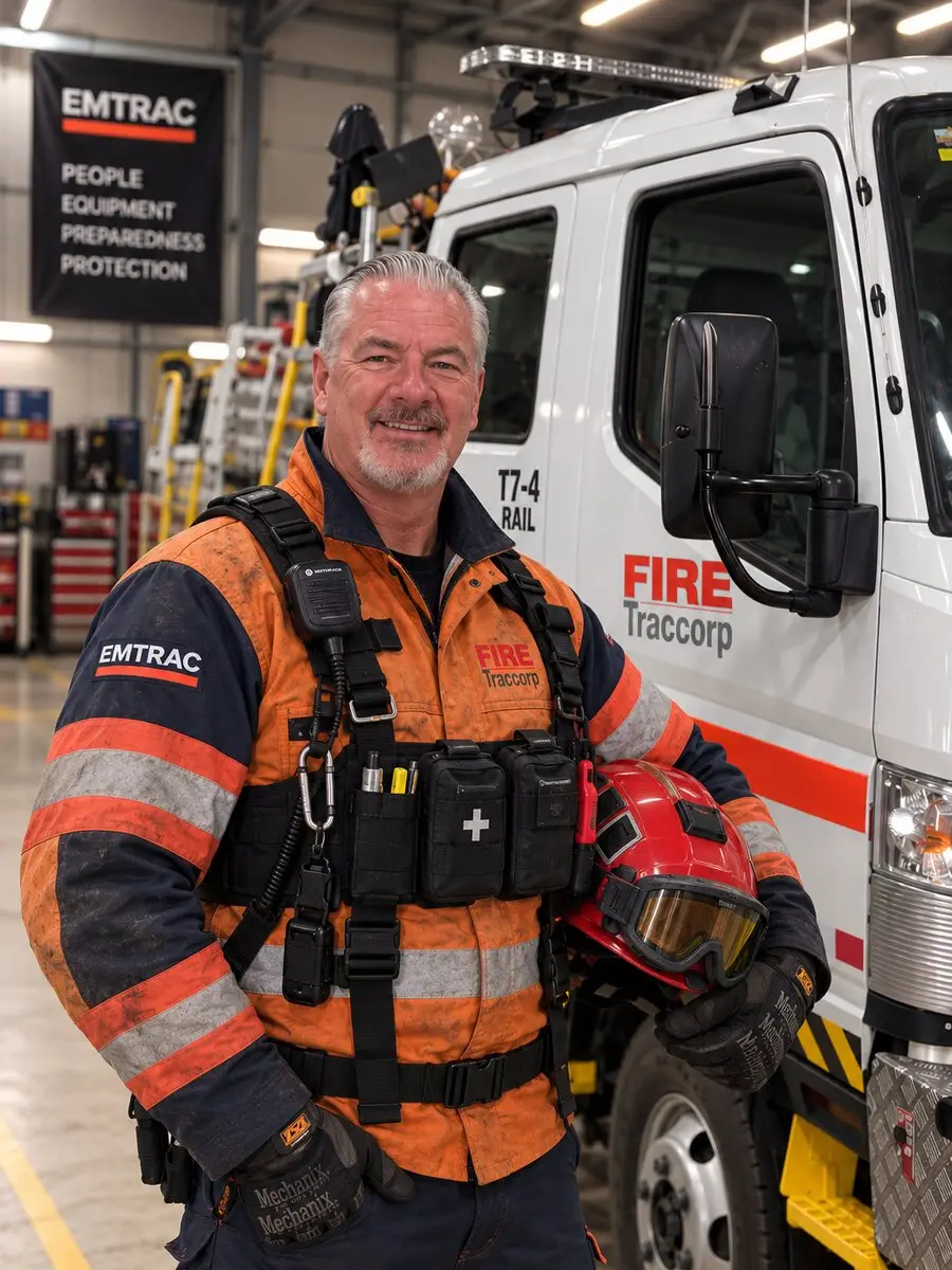 Michael Lyons in turnout gear holding his helmet beside the T7-4 rail tanker.