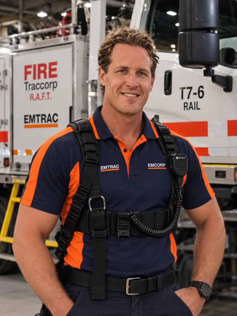 Mitchell Stevens in an EMTRAC polo shirt and harness beside the T7-6 rail tanker.
