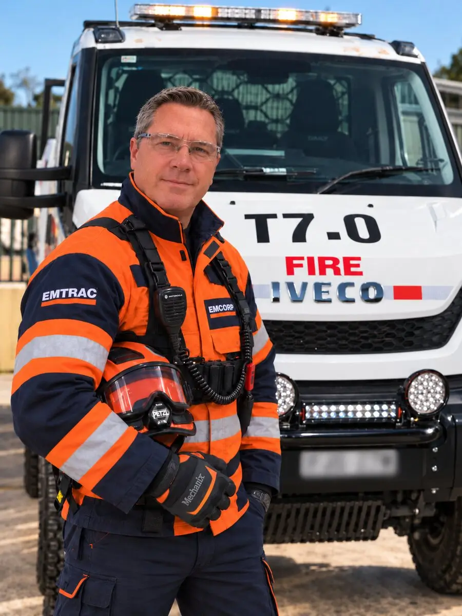 Rich Stevens in turnout gear holding his helmet beside the T7.0 IVECO tanker.