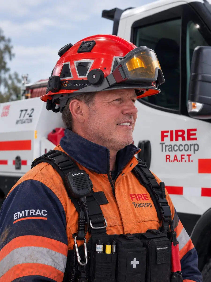 Scott Stevens in a red helmet and turnout gear beside the T7-2 mitigation tanker.
