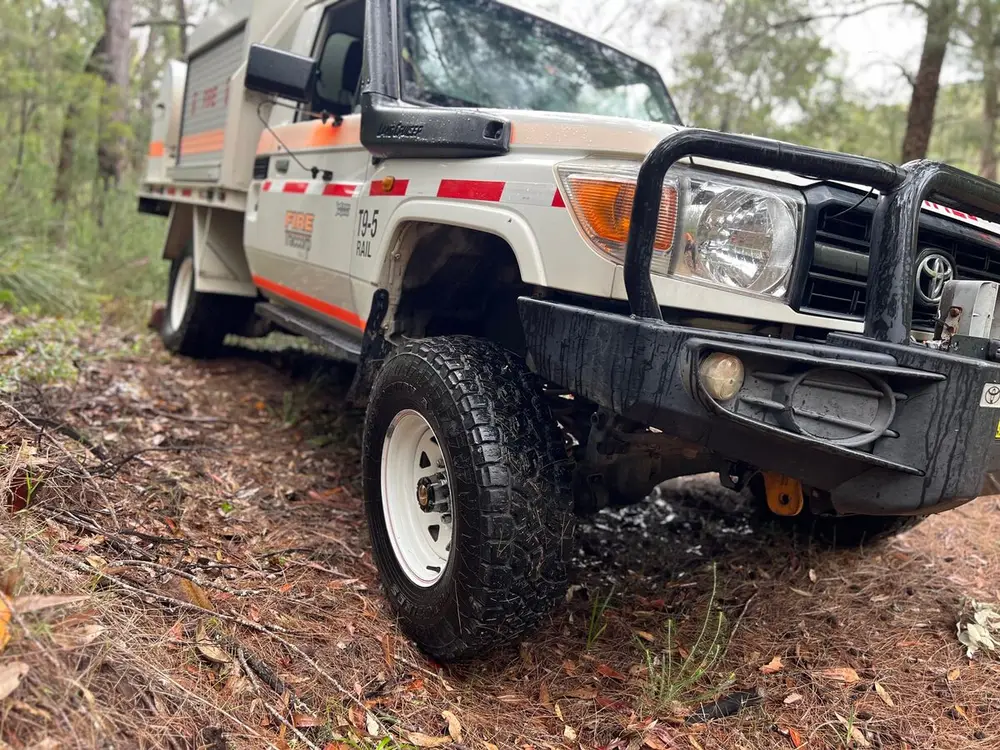 T9-5, a Hi-Rail Landcruiser, on a bush track.