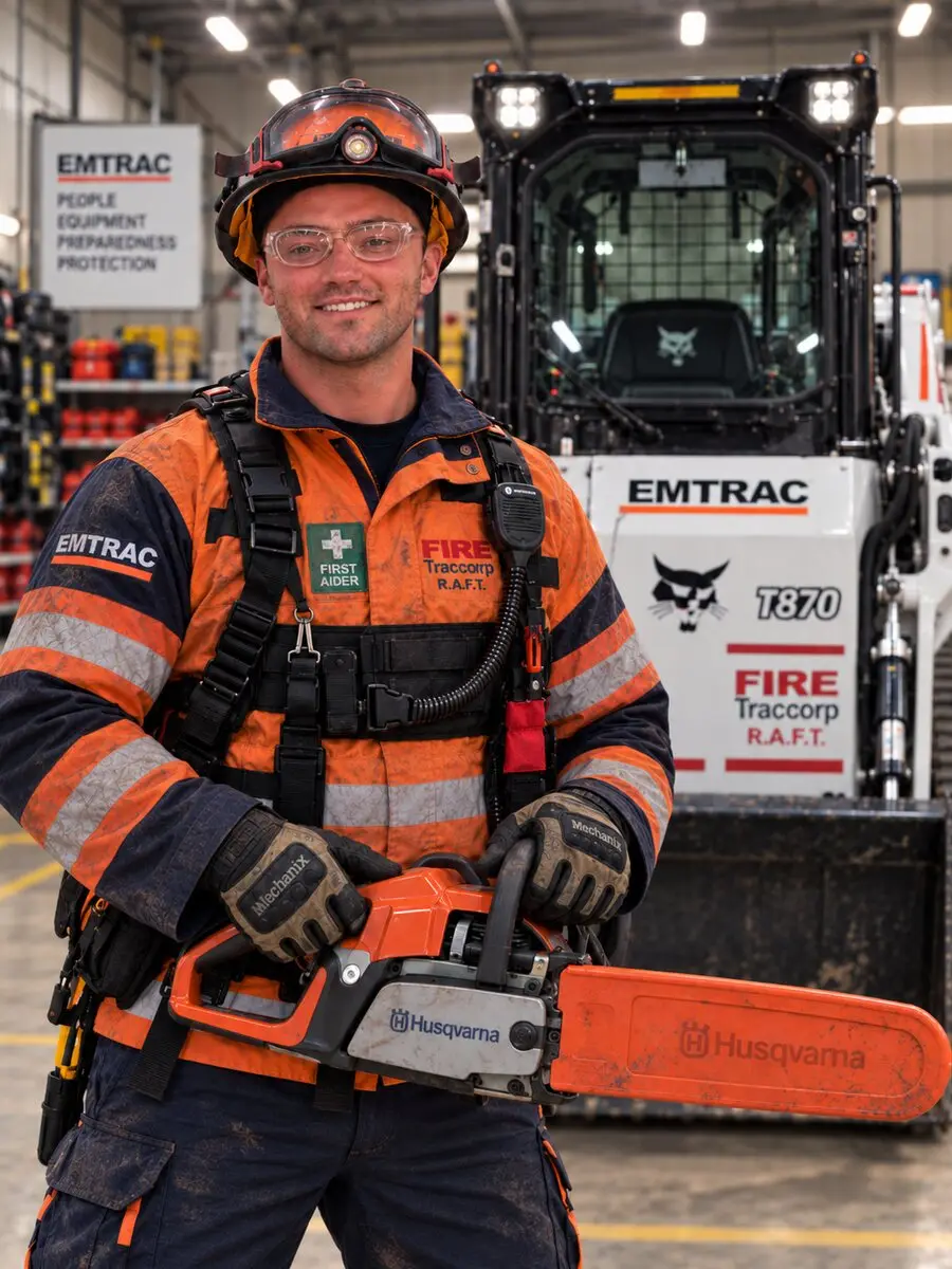 Tadgh Murphy in helmet and turnout gear holding a chainsaw in front of a skid-steer loader.