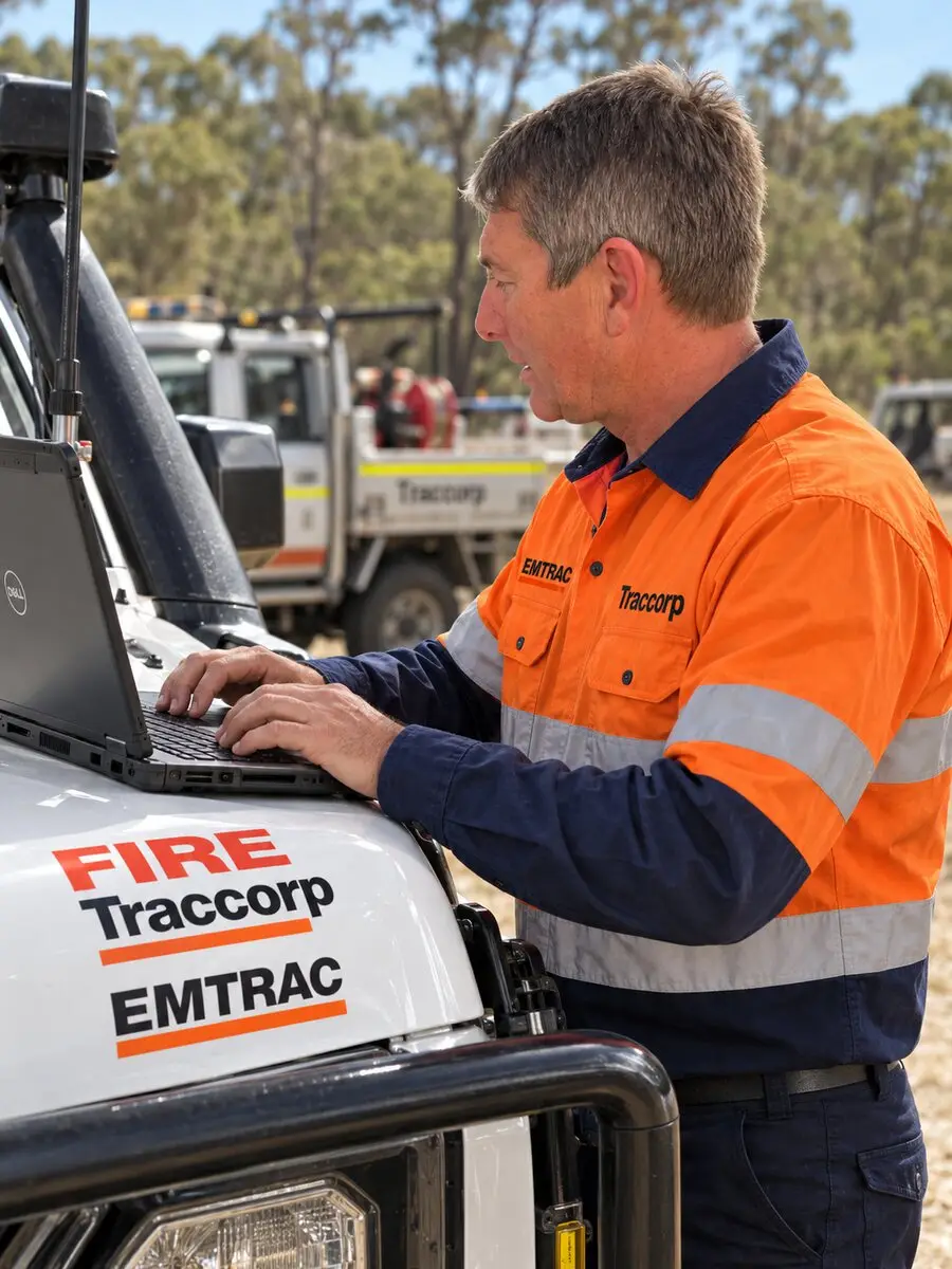 Tim Stevenson in a hi-vis shirt working at a laptop on the bonnet of a tanker.